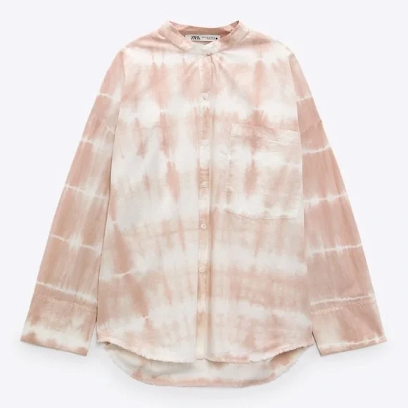 NWT - Zara Pink and White Tie Dye Button Front Long Sleeve Woven Top size XS - Picture 3 of 5